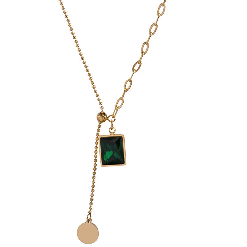 Korean Emerald Stainless Steel Gold Color Necklace for Woman