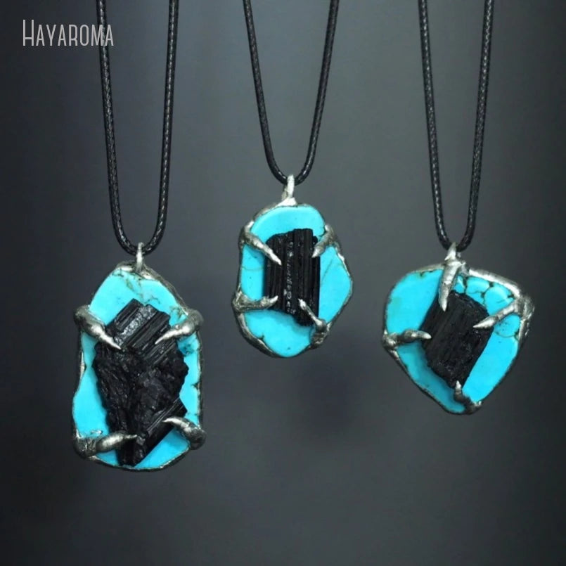 10Pcs Handmade Raw Ore Free Form Slice Claw Blue Black Tourmaline Leather Rope Turquoises Howlite Stone Necklace NM48633