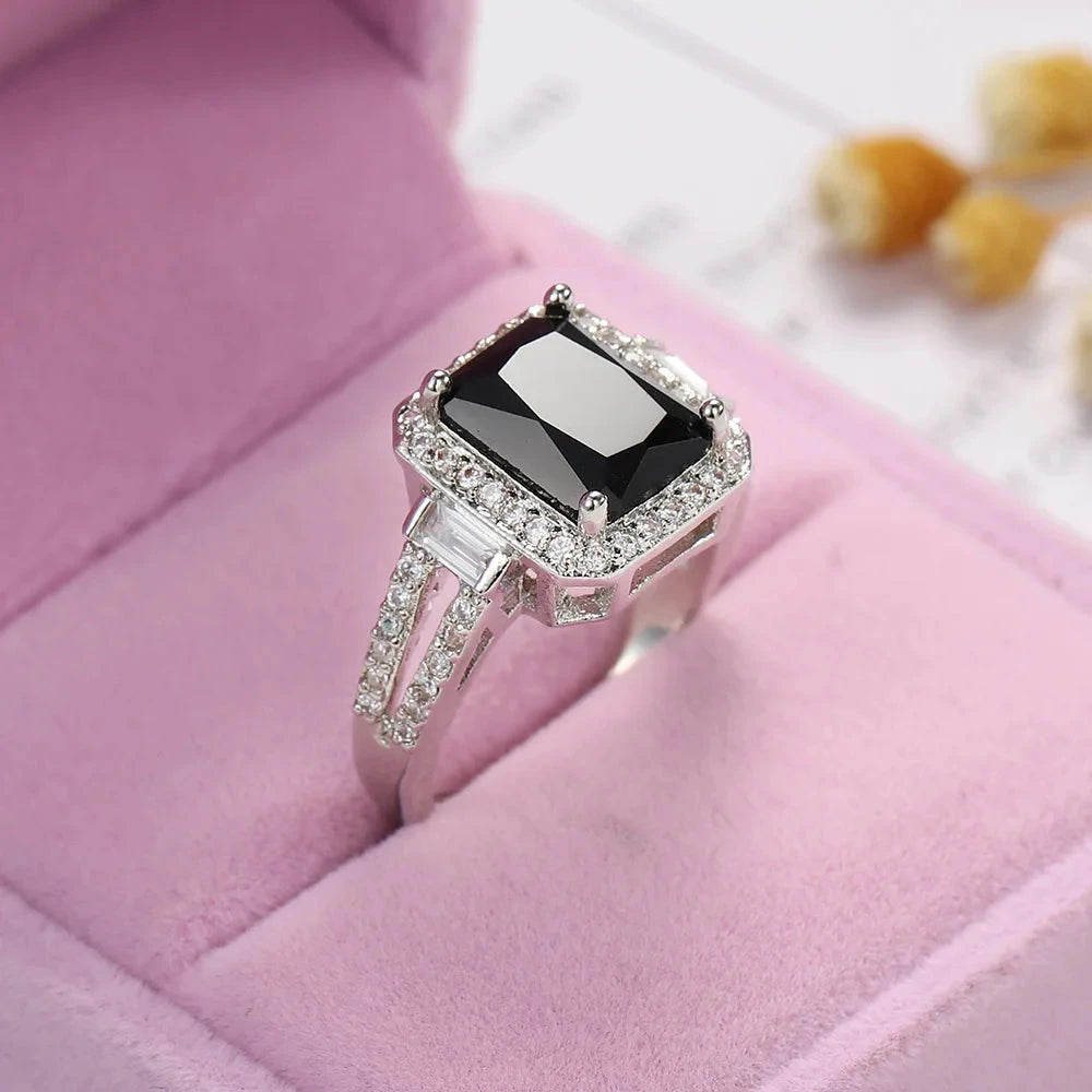 Charm Female Black Square Zircon Stone Ring 925 Sterling Silver Promise Weddind Rings for Women Big Crystal Ring Jewelry Anillos