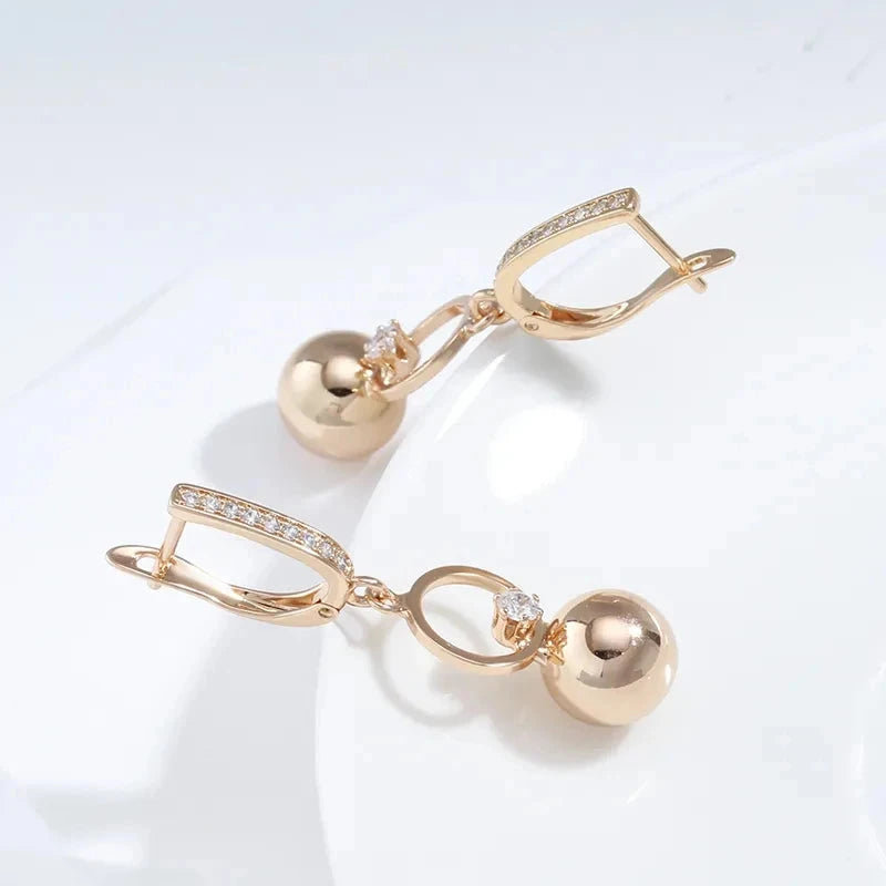 Wbmqda Fashion 585 Rose Gold Color Metal Ball Long Drop Earrings For Women Natural Zircon Setting Wedding Party Fine Jewelry