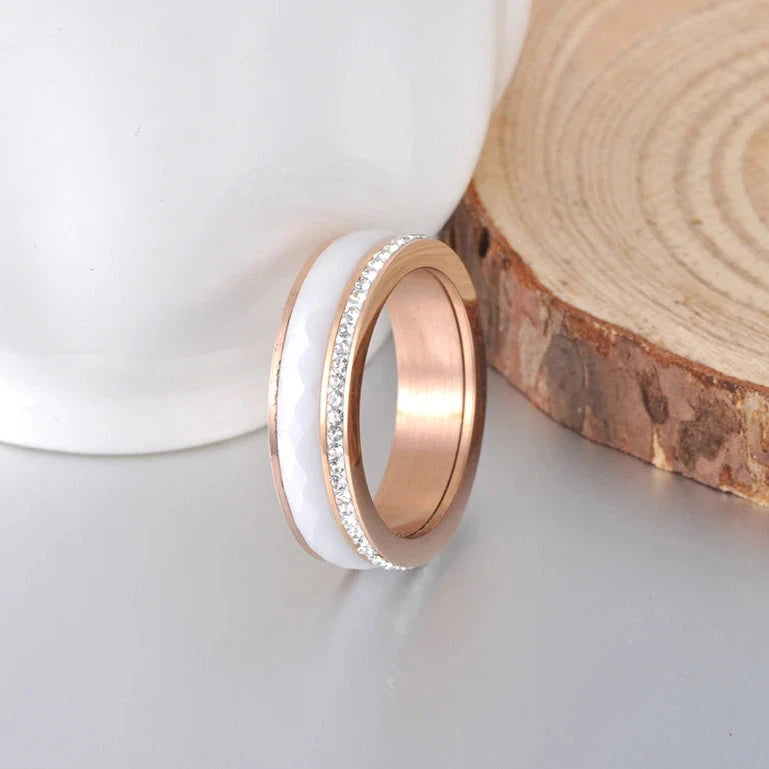 Stainless Steel White Ceramics Rings Jewelry Gold Color CZ Crystal Rings