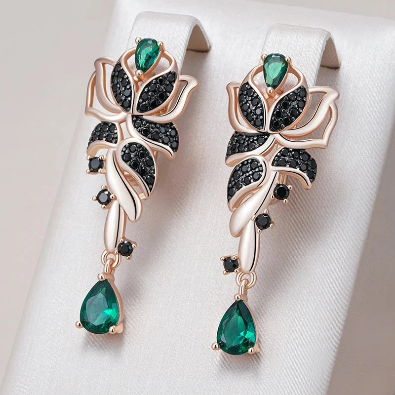 585 Rose & Black Gold Green Zircon Flower Earrings for Women