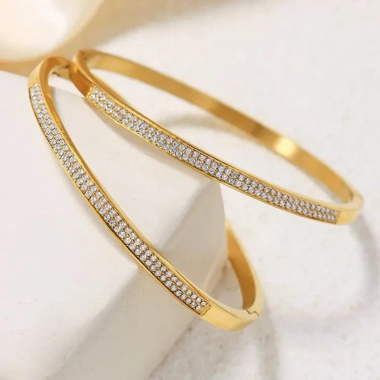 Shiny Zircon 18K Gold Plated Stainless Steel Bangle for Women