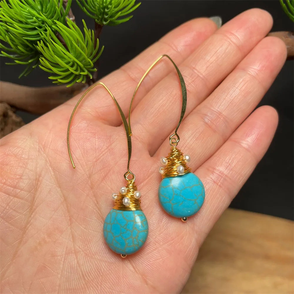 Retro Blue Turquoise Beads Twist Metal Design Drop Dangle Earring for Woman Trendy Gem Hook Earrings Unique Girl's Gift JewelryBlue 02