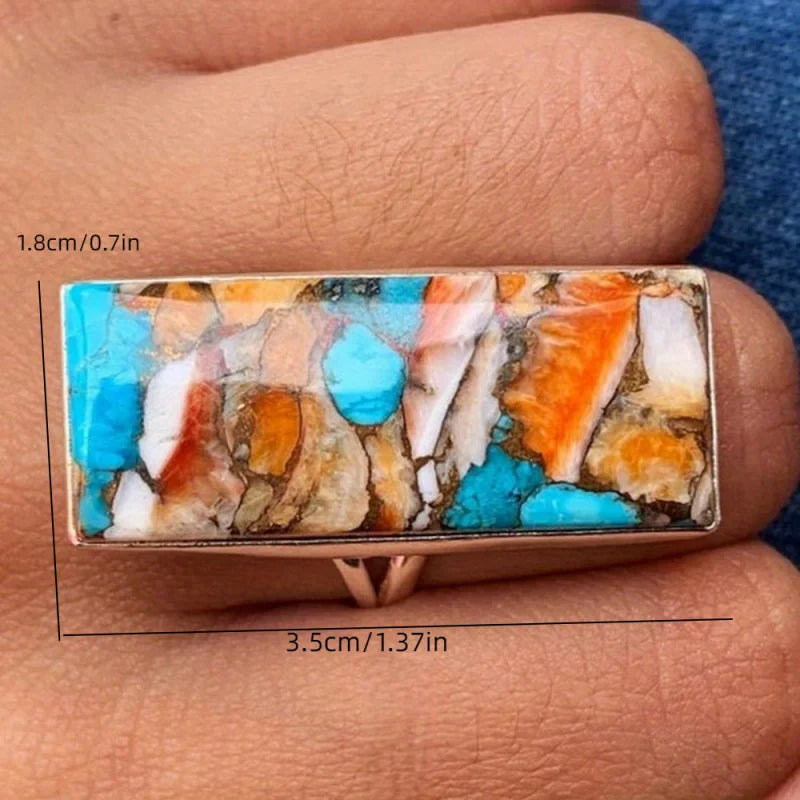 Exquisite Bohemian Retro Rectangles Turquoise Ring