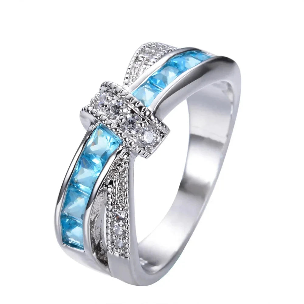 Silver Cross Plated Crystal Wedding Ring for Women8SKY BLUE