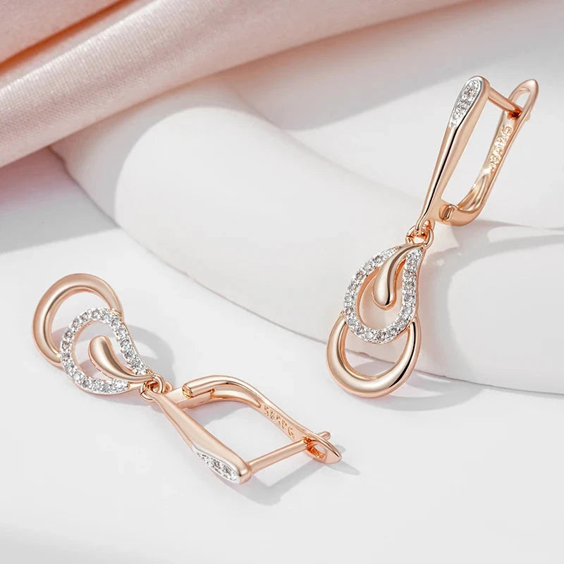 Luxury Long 585 Rose Golden Dangle Earrings For Women