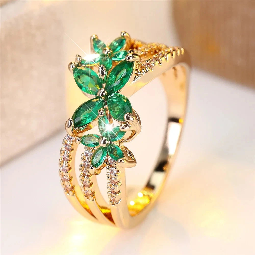 Flower Green Zircon Stone Gold Rings for Women