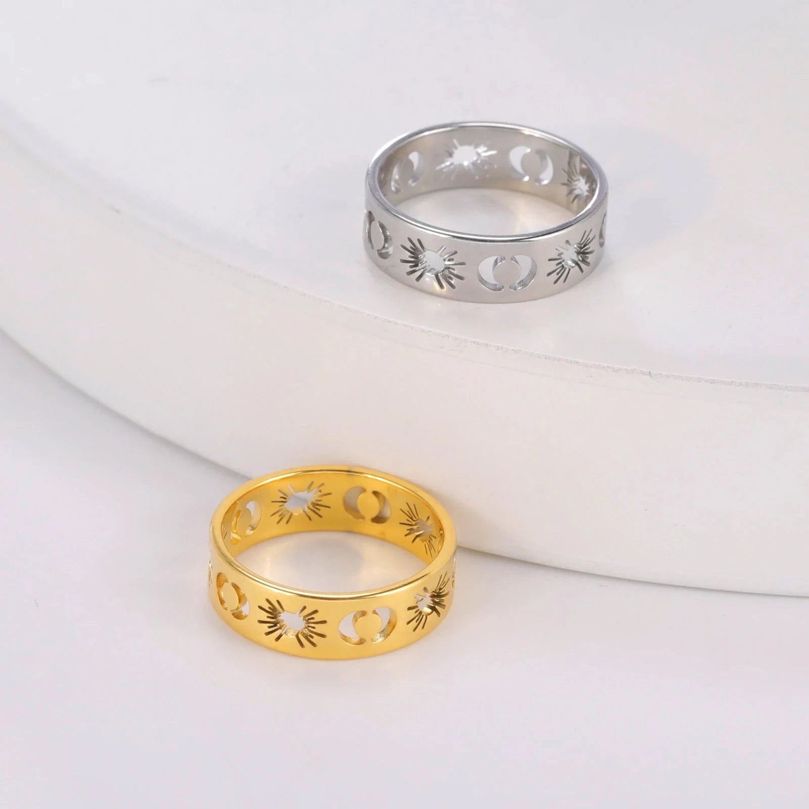Hollow Sun Moon Ring Stainless Steel Gold Color Women Rings
