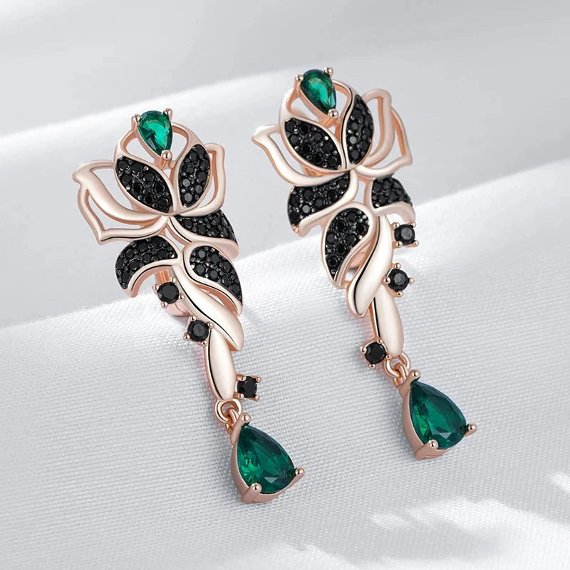 585 Rose & Black Gold Green Zircon Flower Earrings for Women