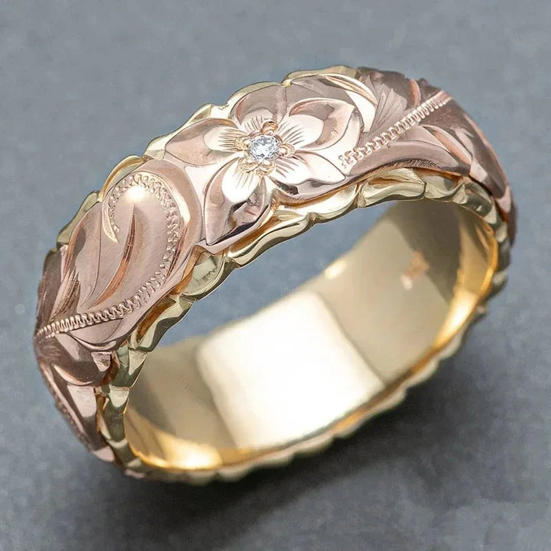 Carved CZ Engagement Ring – Two-Tone Design