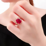 14K Rose Gold Inlaid Flower Ruby Rings For Women Adjustable