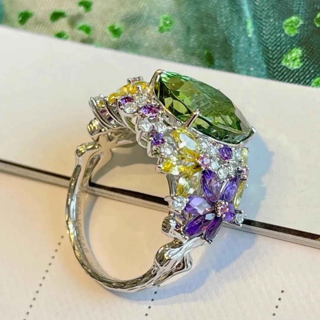 Flower Oval Silver Ring with Multi-Color Stones – Women’s Jewelry