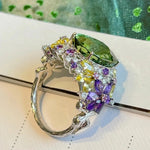 Flower Oval Silver Ring with Multi-Color Stones – Women’s Jewelry