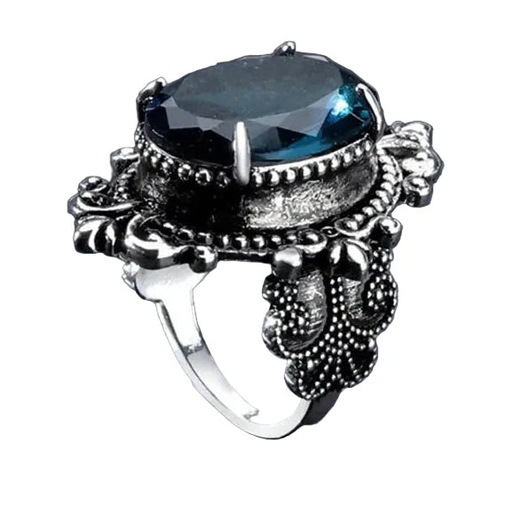 Vintage Oval Blue CZ Carved Pattern Ring for Women