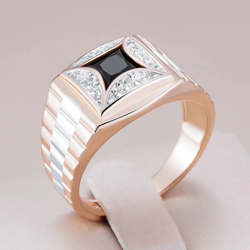 Luxury Black Natural Zircon 585 Rose Gold Silver Width Rings - Unisex