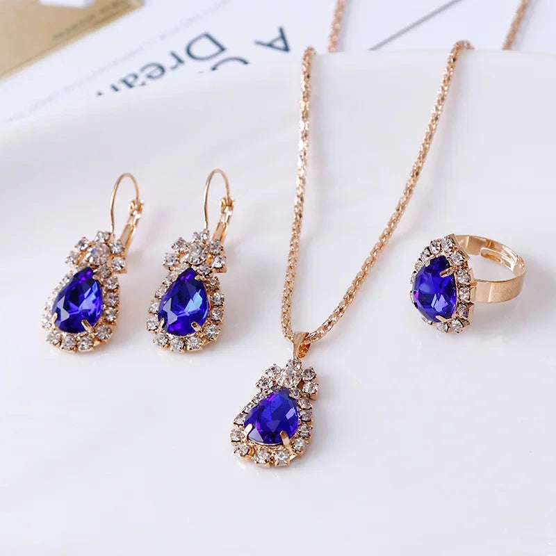 Blue Crystal Ring Necklace Earrings Set Wedding Jewelry SetsRoyalBlue