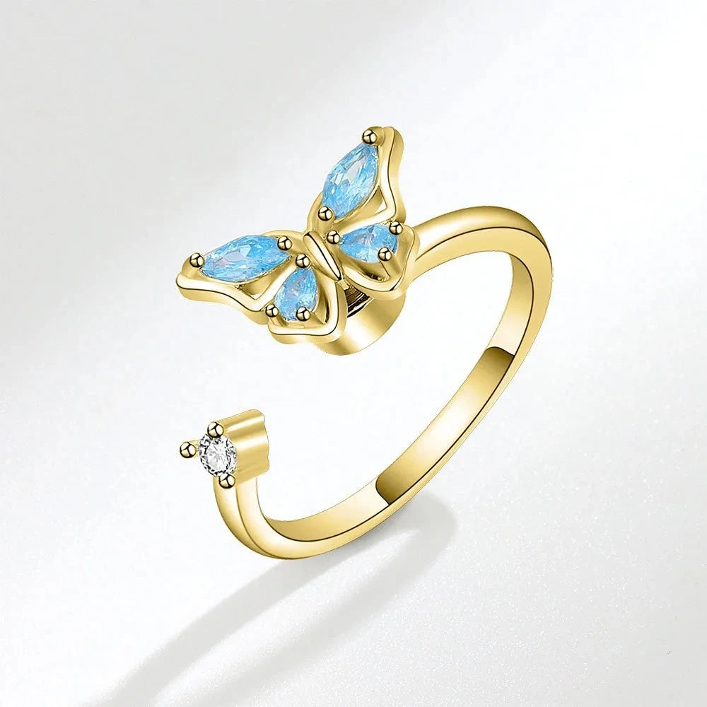 Rotate Crystal Butterfly Silver Ring for Women