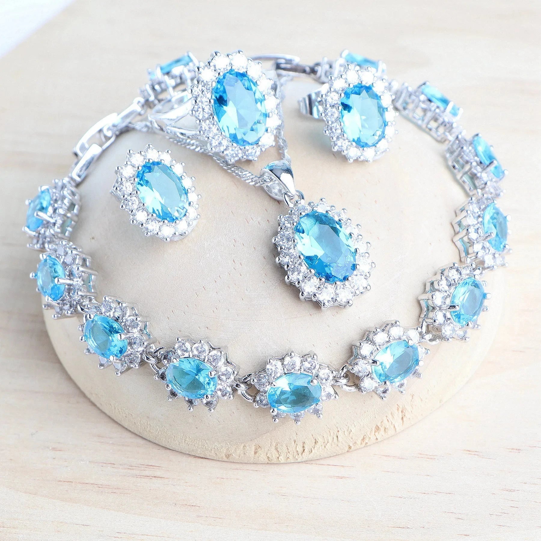 Silver 925 Women Jewelry Sets Blue Zirconia4PCS-Sky Blue10