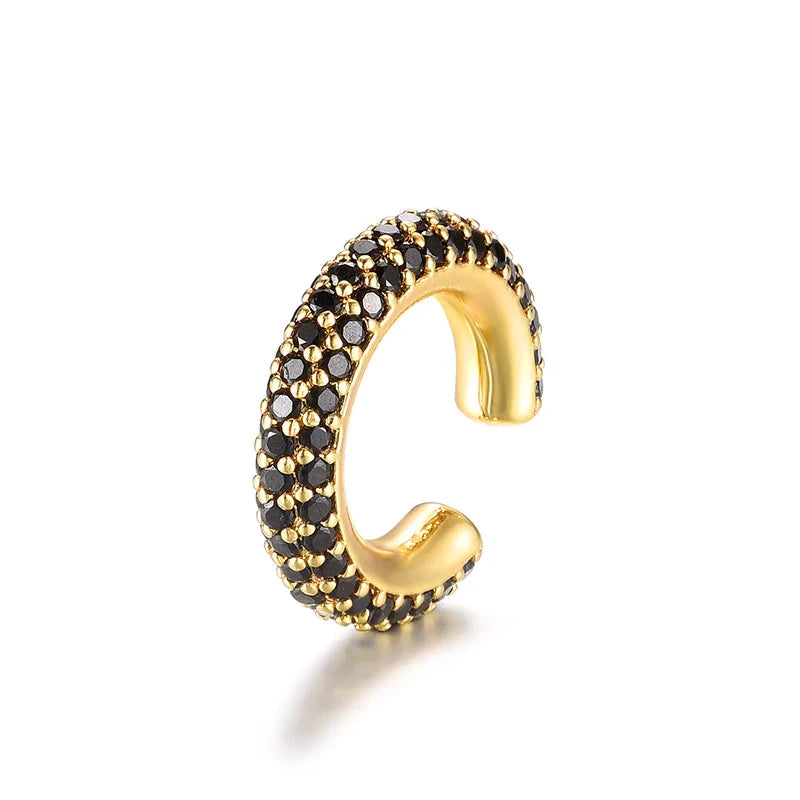 Round C-Shaped Zirconia Clip-On Earrings – Gold/Silver, No PiercingGold-Black