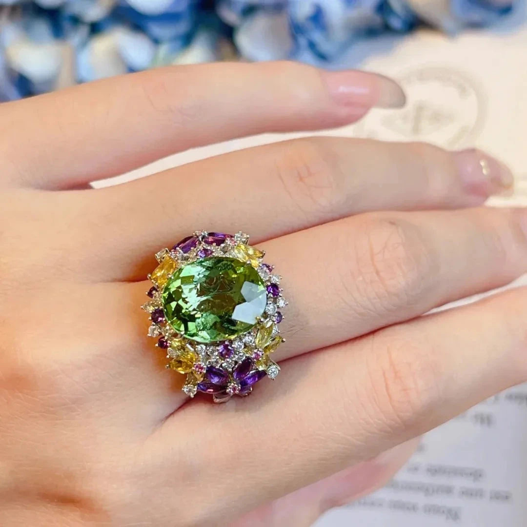 Flower Oval Silver Ring with Multi-Color Stones – Women’s Jewelry