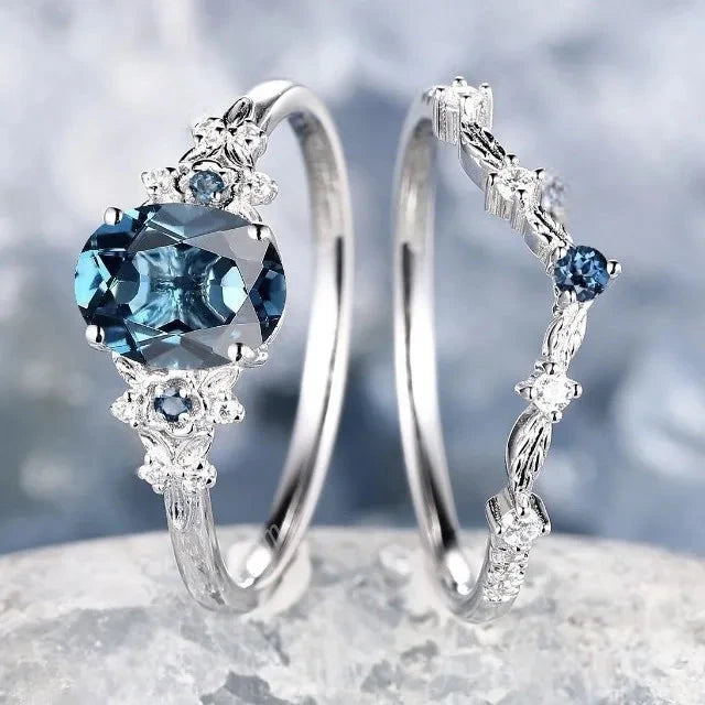Exquisite Inlaid with White Zircon Blue Stone Rings Set for Women7Ring