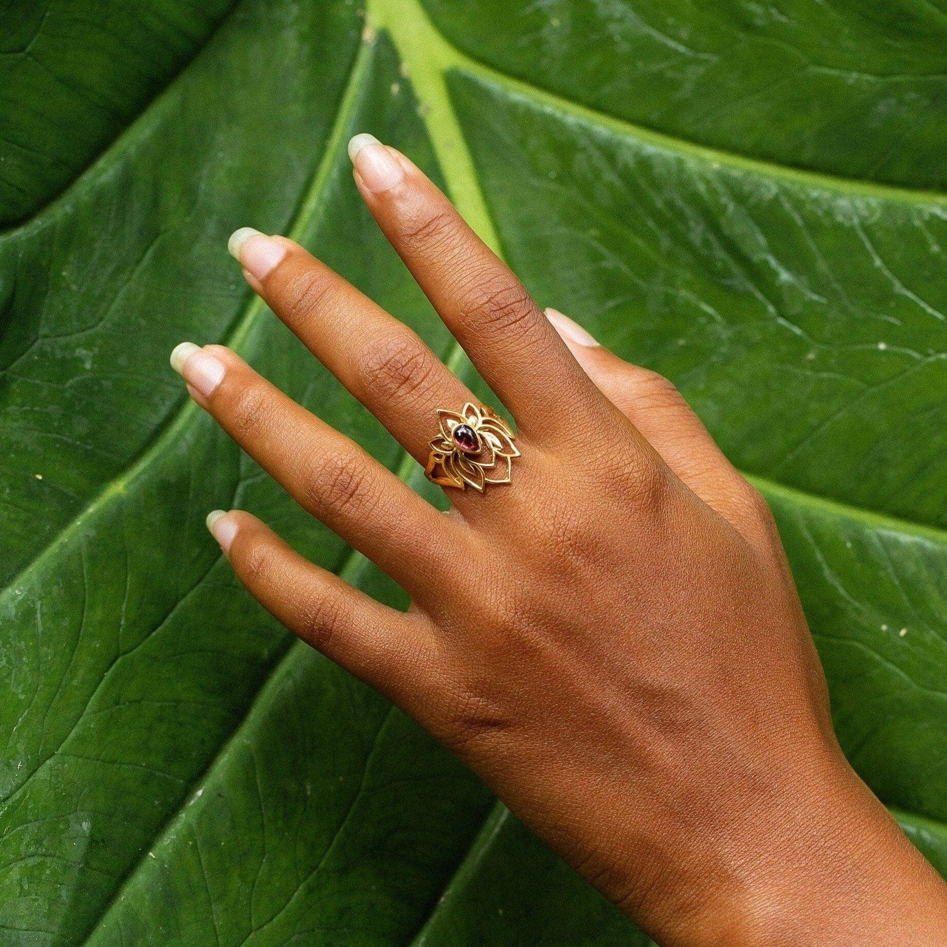 Abundant Bloom - Gold Plated Lotus Tourmaline RingRings - Womens