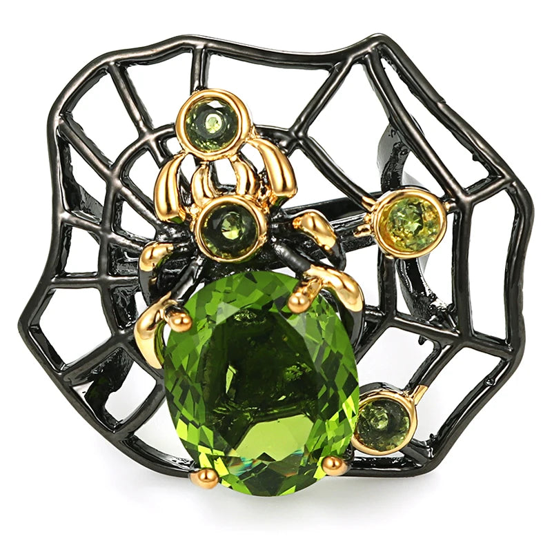 32x32mm Unique Neo-Gothic Spider 9.7g Green Peridot Ring