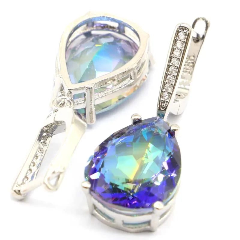 Drop Fire Rainbow Blue Mystic Topaz Sister Silver Pendant Earrings