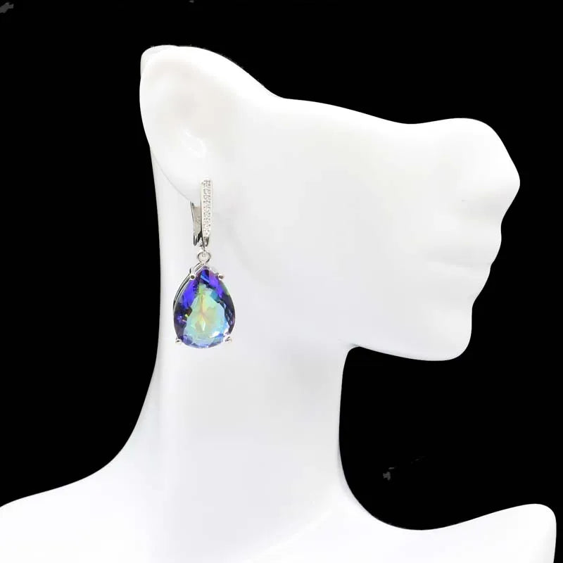 Drop Fire Rainbow Blue Mystic Topaz Sister Silver Pendant Earrings