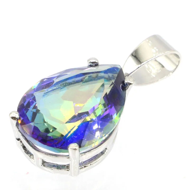 Drop Fire Rainbow Blue Mystic Topaz Sister Silver Pendant Earrings