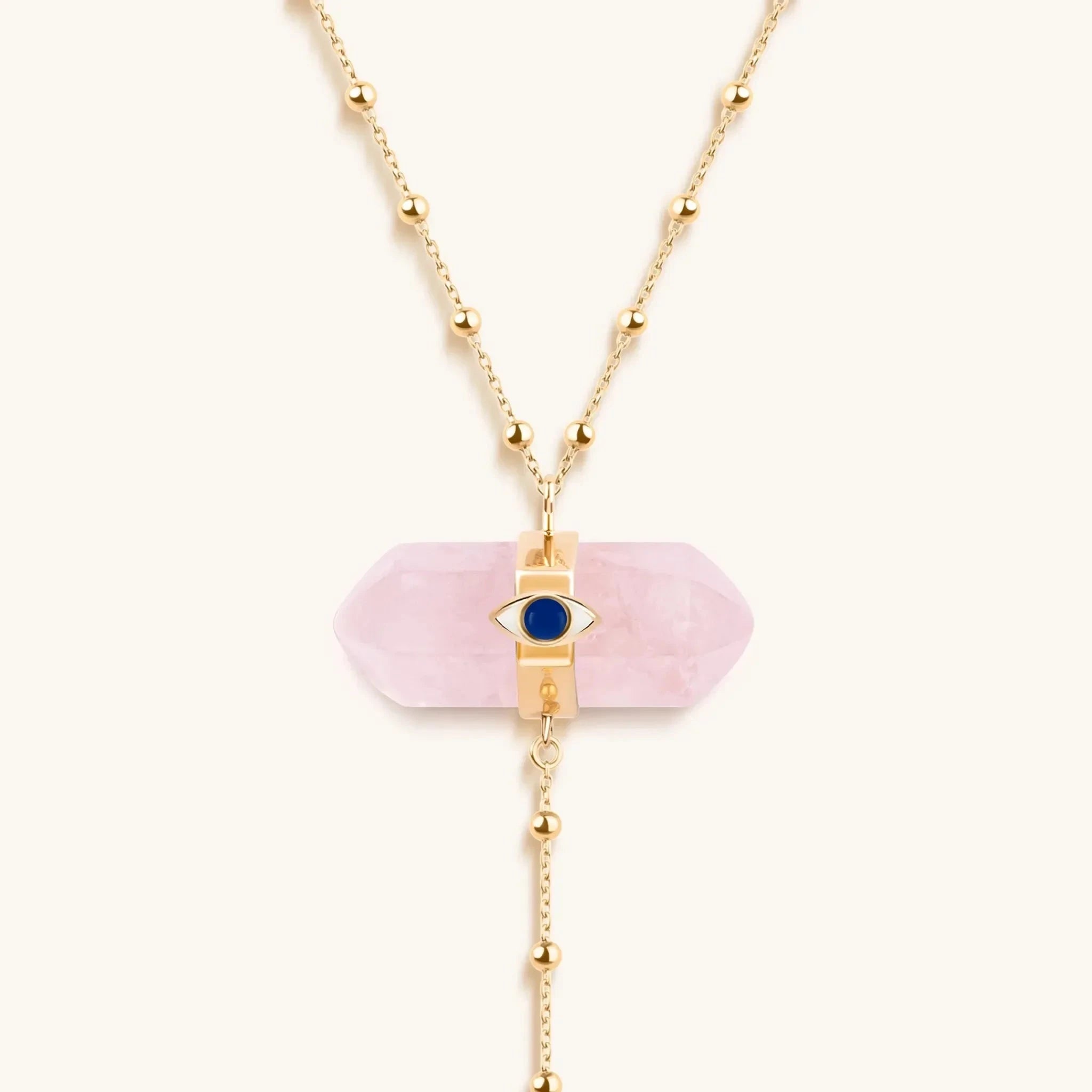 Open Hearted - Gold Rose Quartz Evil Eye Double Pointer NecklaceNecklaces - Womens