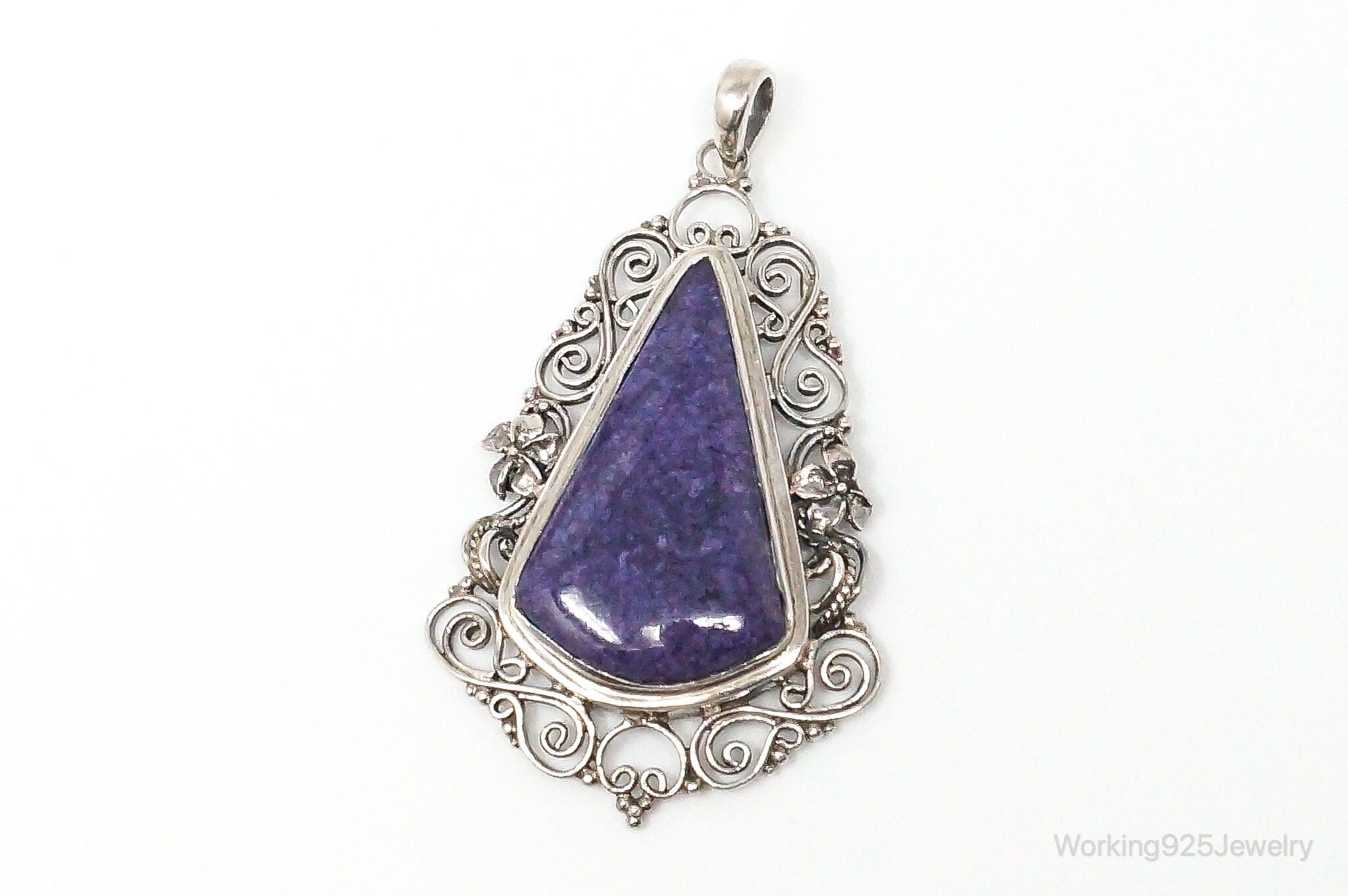 Vintage Purple Charoite Sterling Silver Floral Scroll Statement Necklace PendantJewelry > Necklaces > Pendants