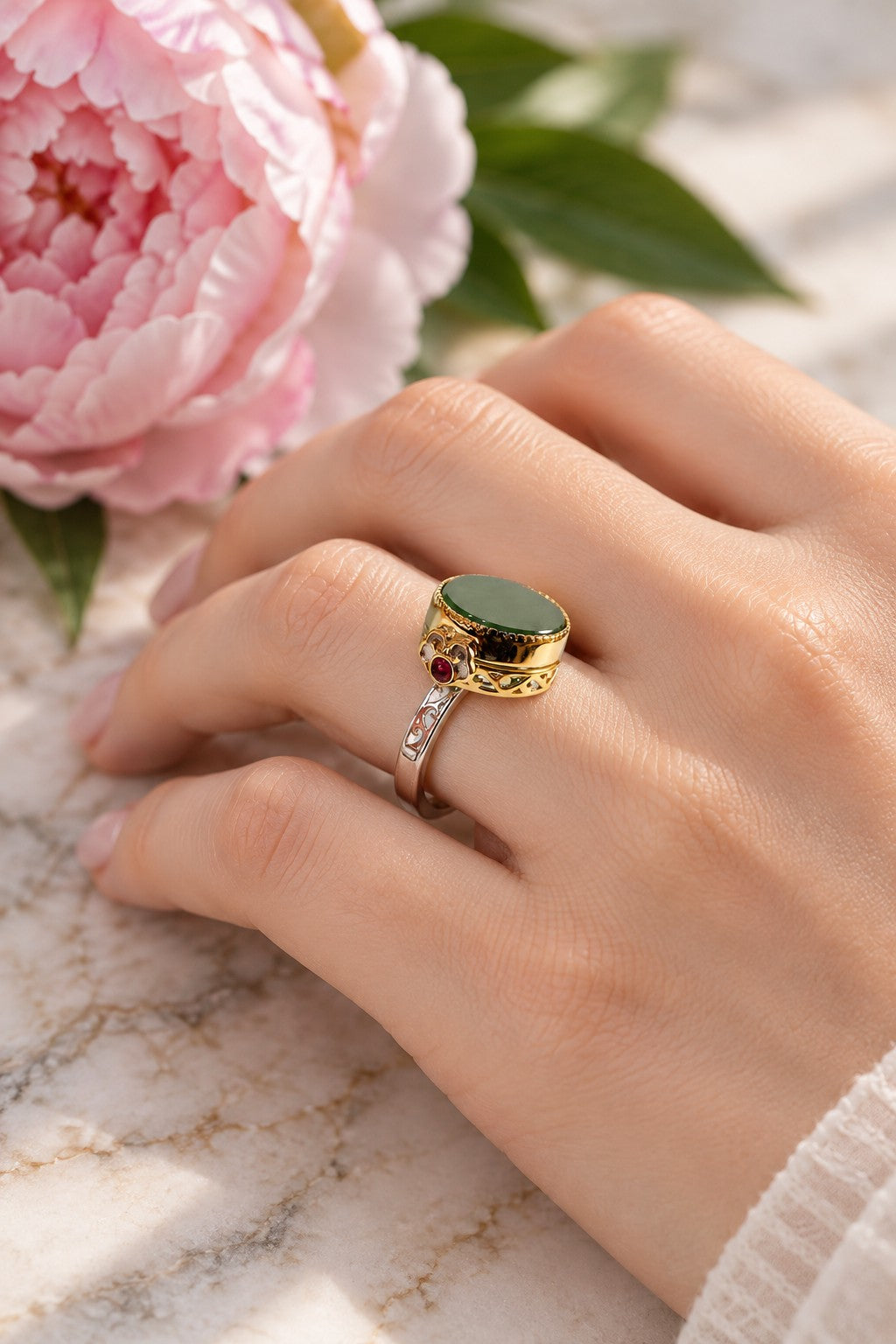 Chalcedony Hetian Jasper Exquisite Resizable Ring - worn