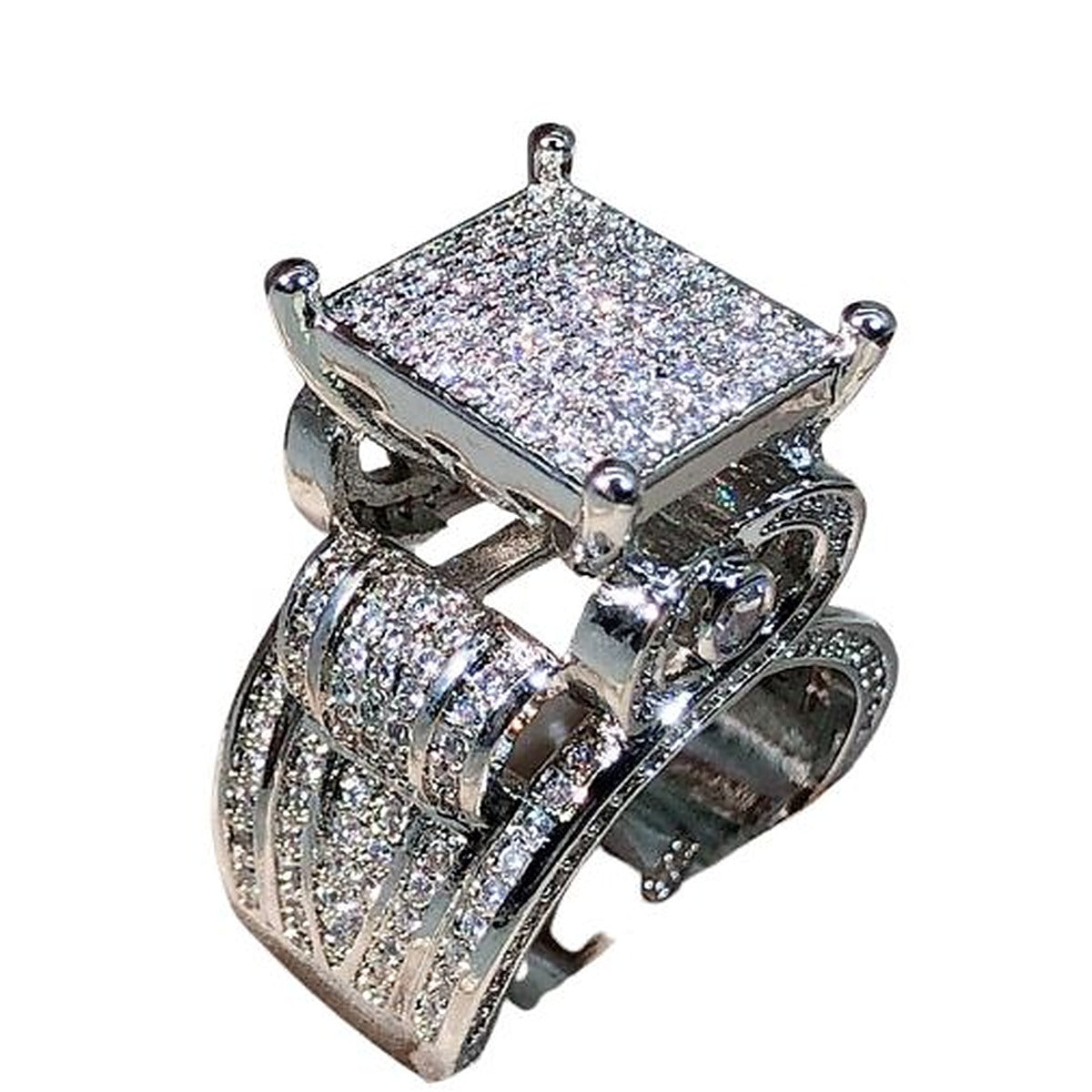Square pave simulated diamond statement ring, cubic zirconia on 925 sterling silver