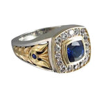 Men's simulated sapphire signet ring, two-tone 925 sterling silver with CZ halo