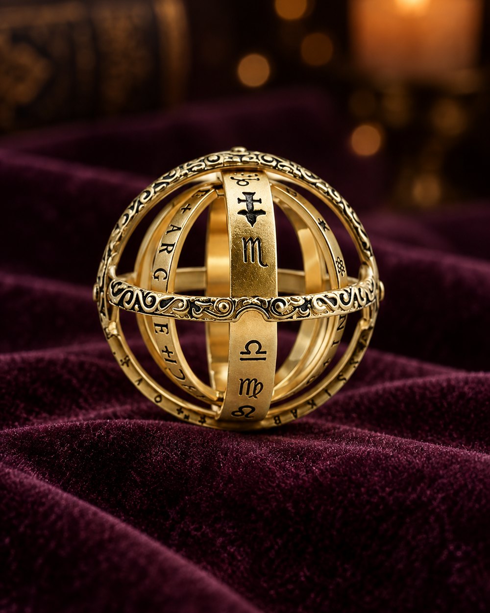 Astronomical Sphere Ring opened into an armillary sphere on plum velvet