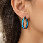 Blue Opal Hoop Earring worn, side view