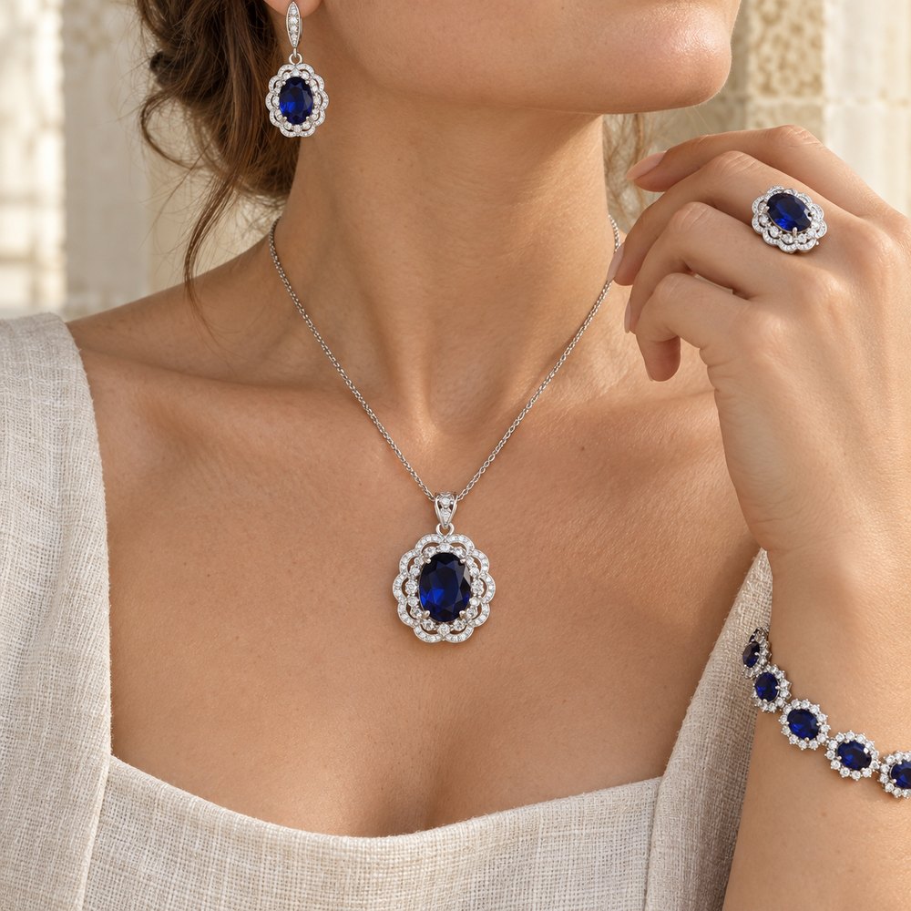 Sapphire-blue jewelry set worn: pendant necklace, drop earring, ring and bracelet