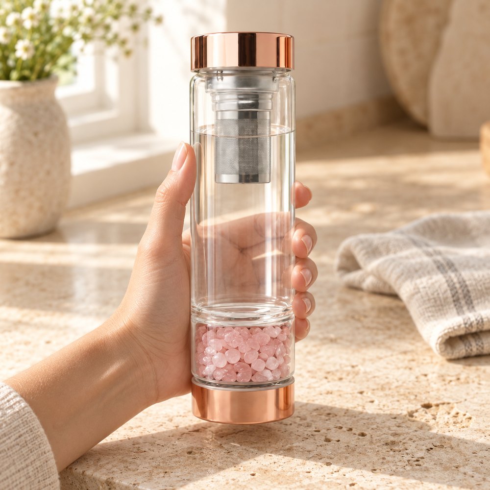 Crystal Elixir Water Bottle with a rose quartz pod, held in a woman's hand