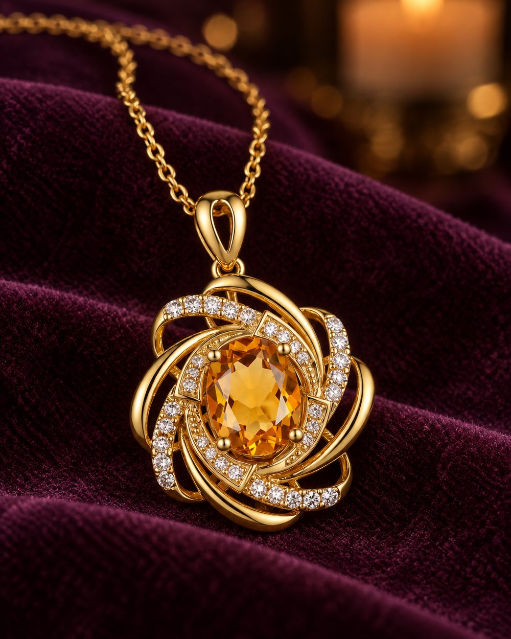 Citrine-yellow pinwheel pendant necklace lying on velvet