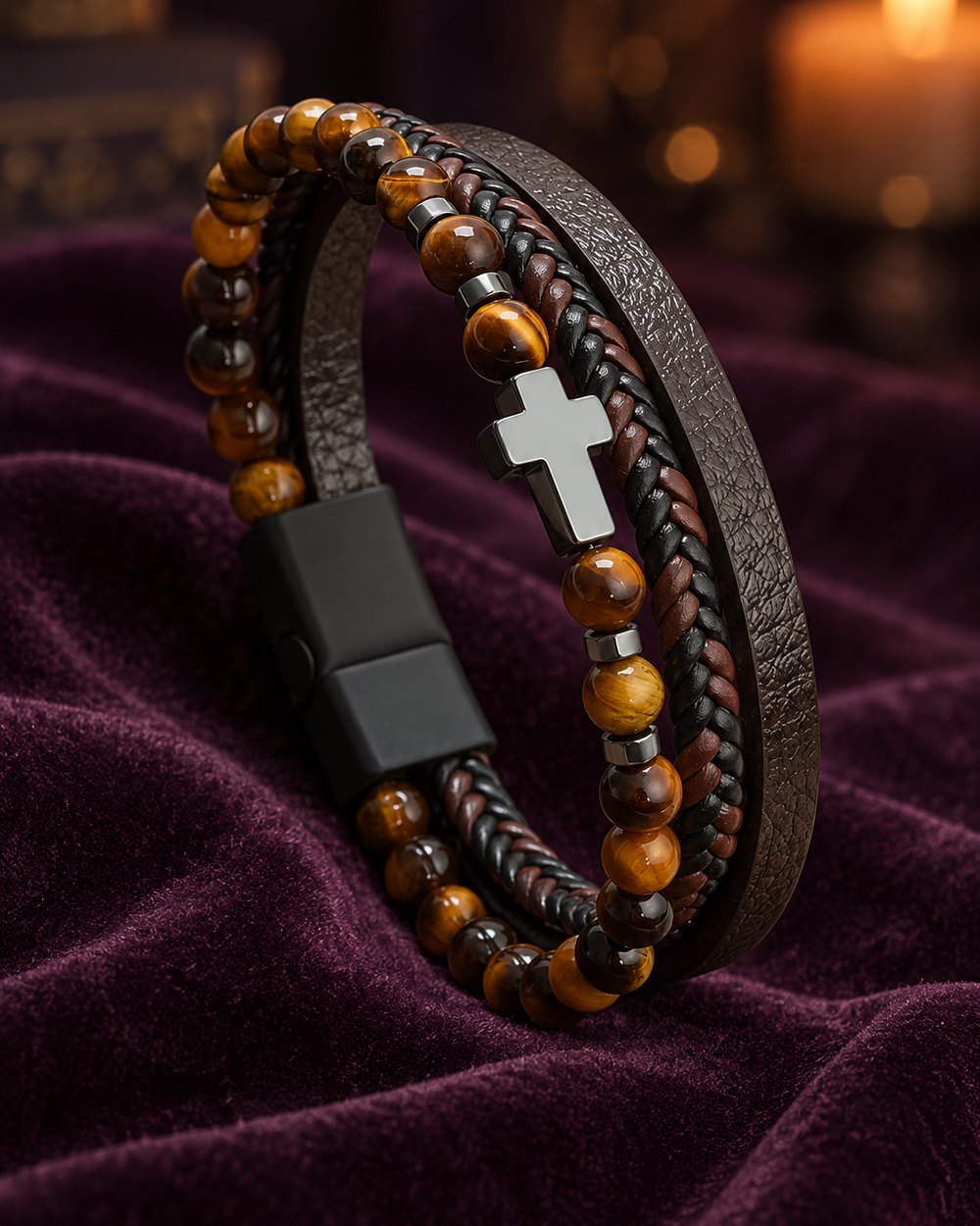 Leather and tiger eye bead bracelet with a small cross, on velvet
