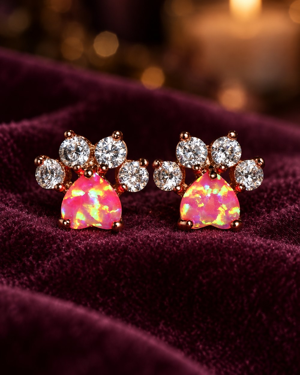Pair of dog paw stud earrings with pink fire opal pads on plum velvet