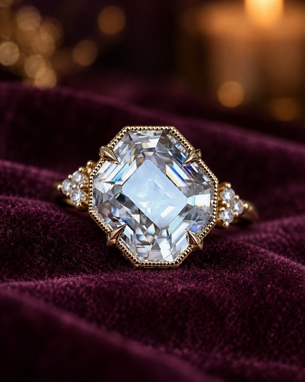 Emerald-cut simulated diamond ring standing on plum velvet