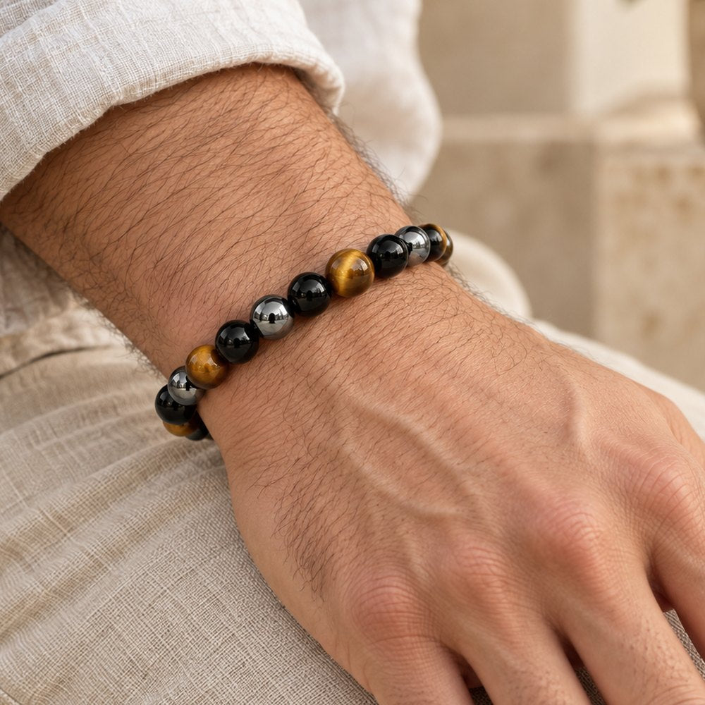 Energy Balance bead bracelet on a man's wrist