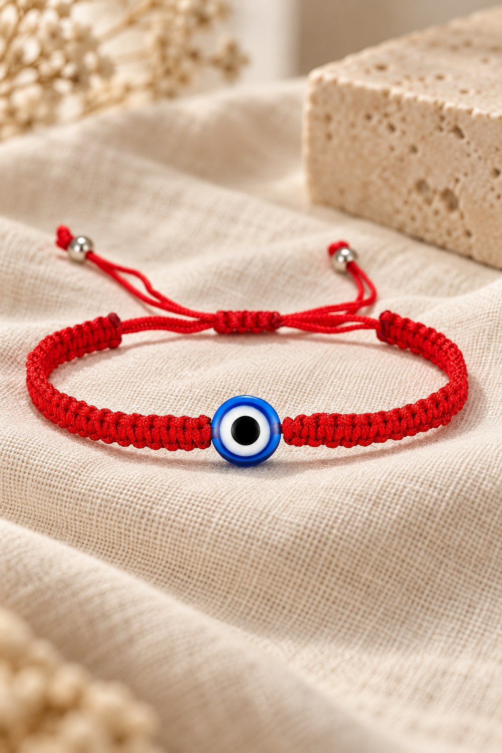 Red macrame bracelet with a blue evil eye bead on cream linen