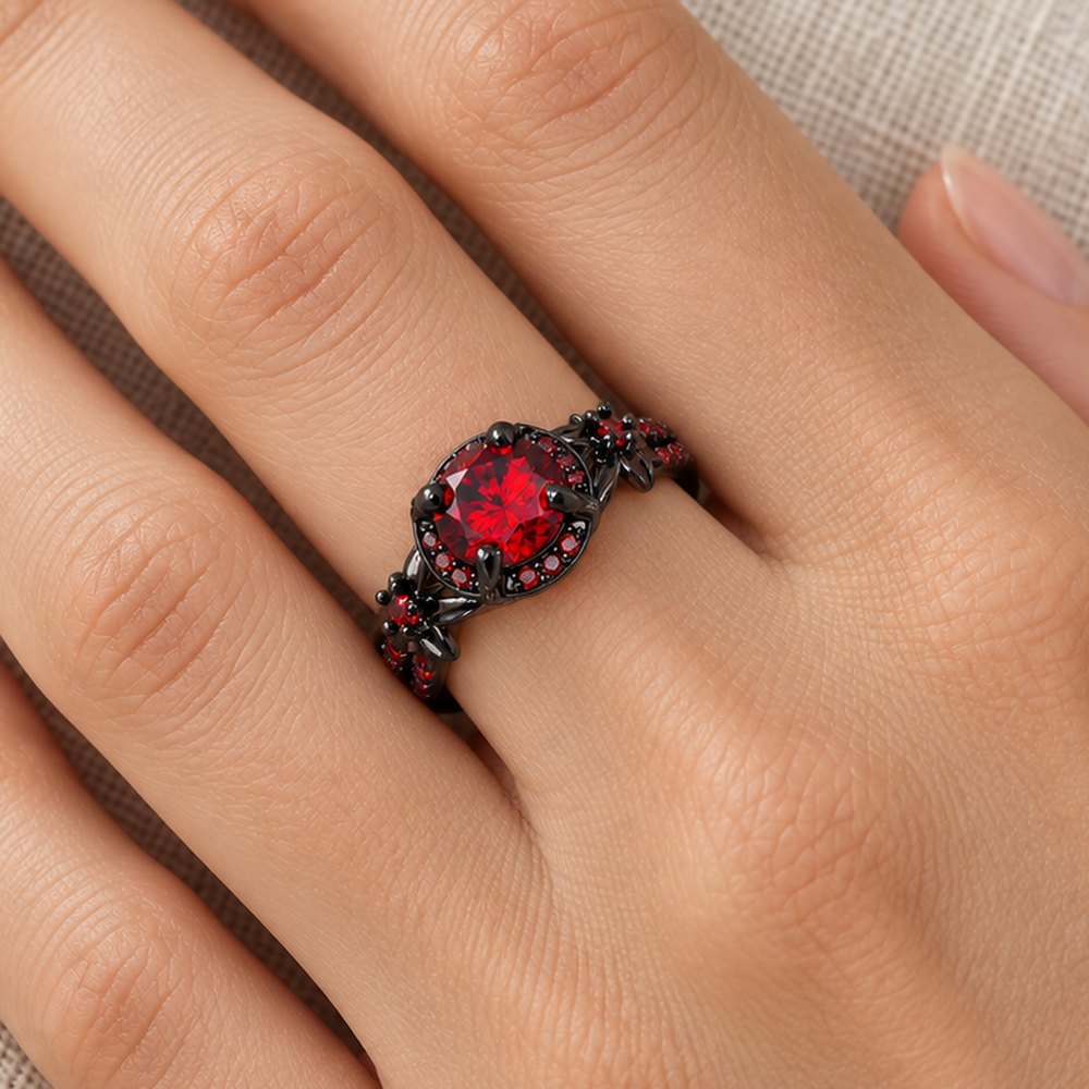 Flower Ruby Black Gold Ring worn on a woman's finger