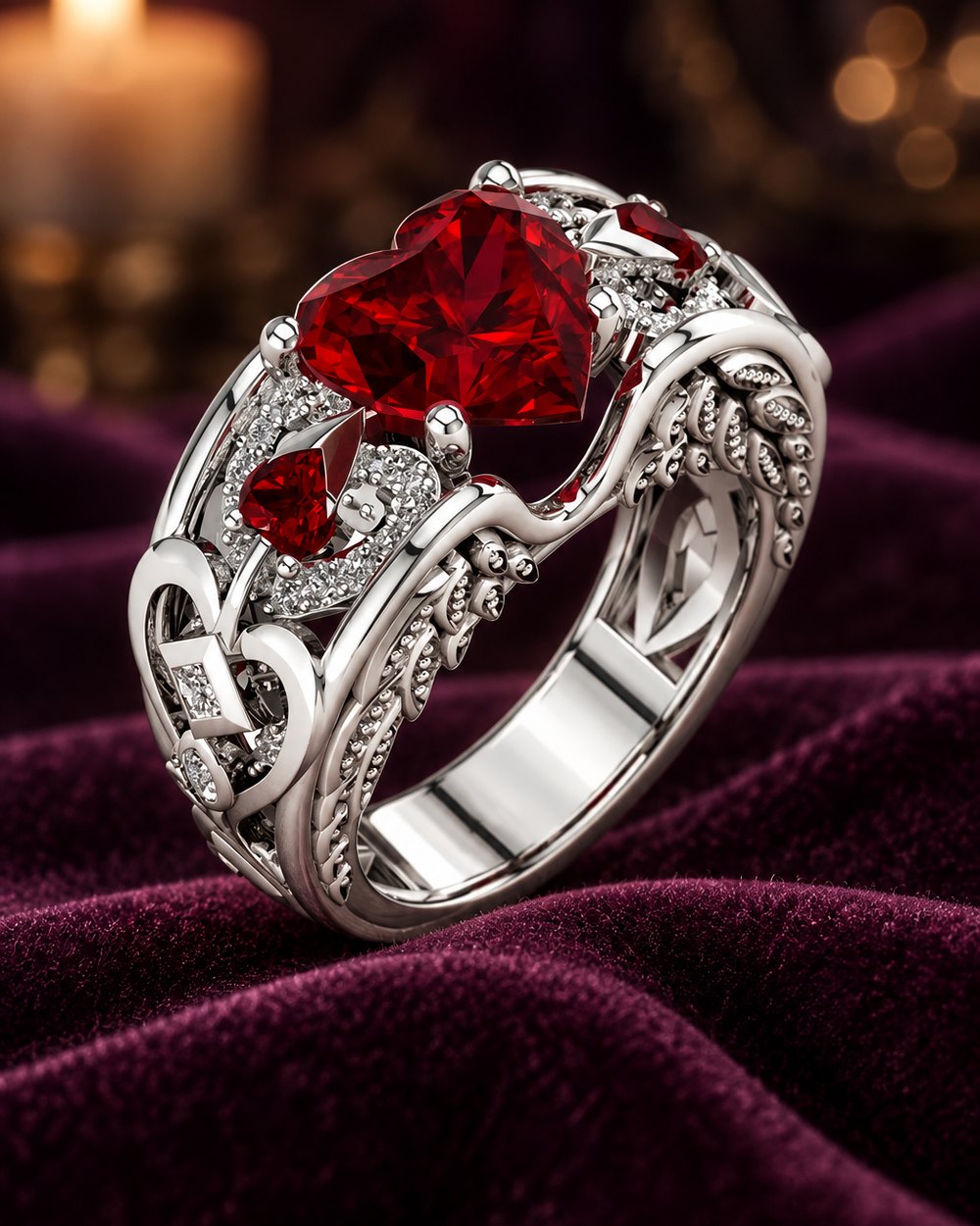 Silver-tone heart cocktail ring with a red heart stone, on velvet
