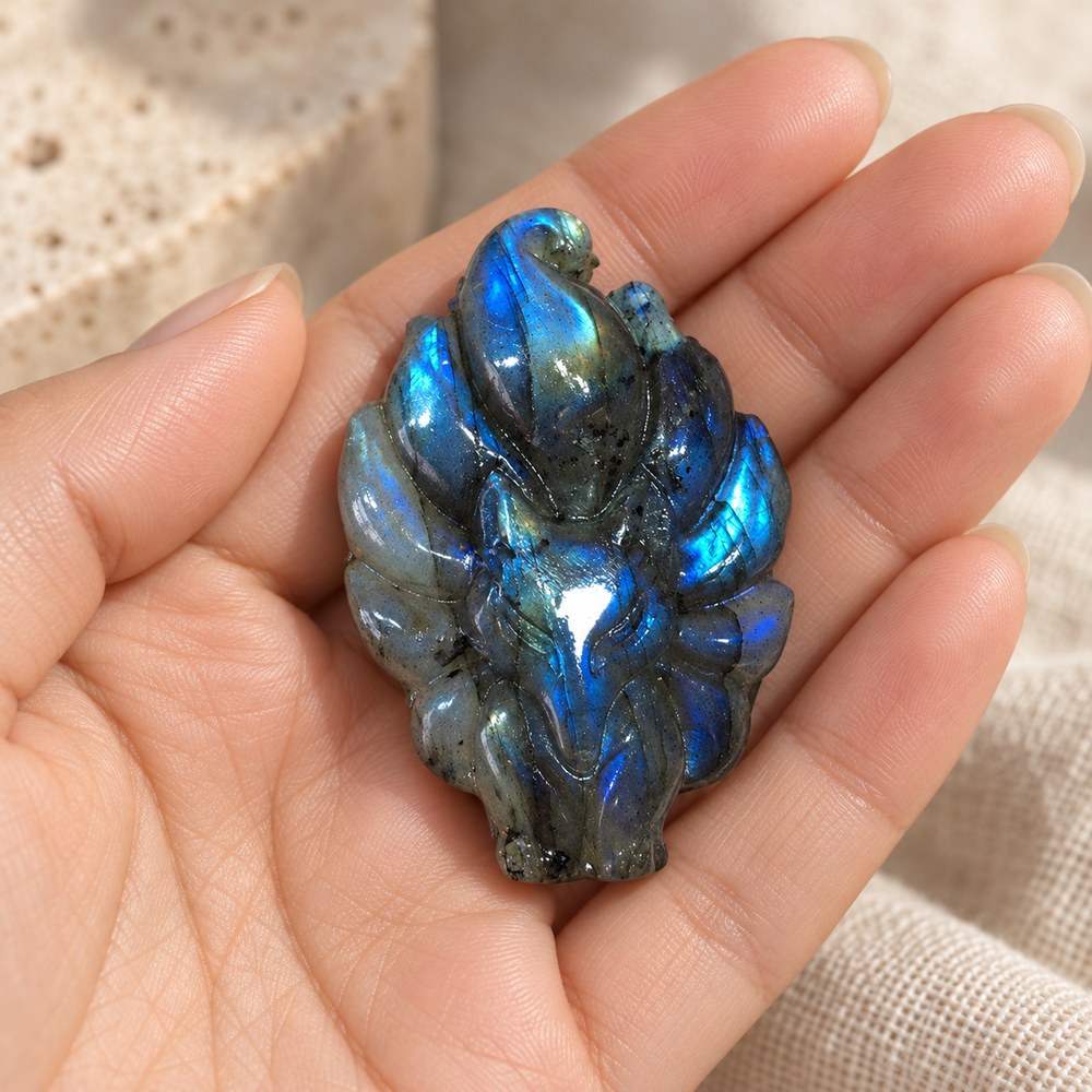Carved labradorite fox held in a woman's open palm