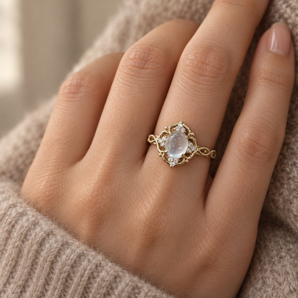 Moonstone-white filigree ring in gold-tone, worn on a woman's finger